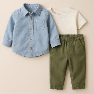 3-Piece Toddler Boy Shirt Set - Button-Down Top & Pants, Casual Infant Outfit